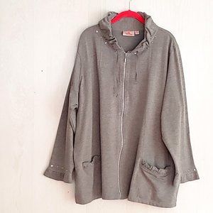 Quacker Factory Diamond Studded Zip Front Jacket w/ Ruffle Trim,  3X.  Grey